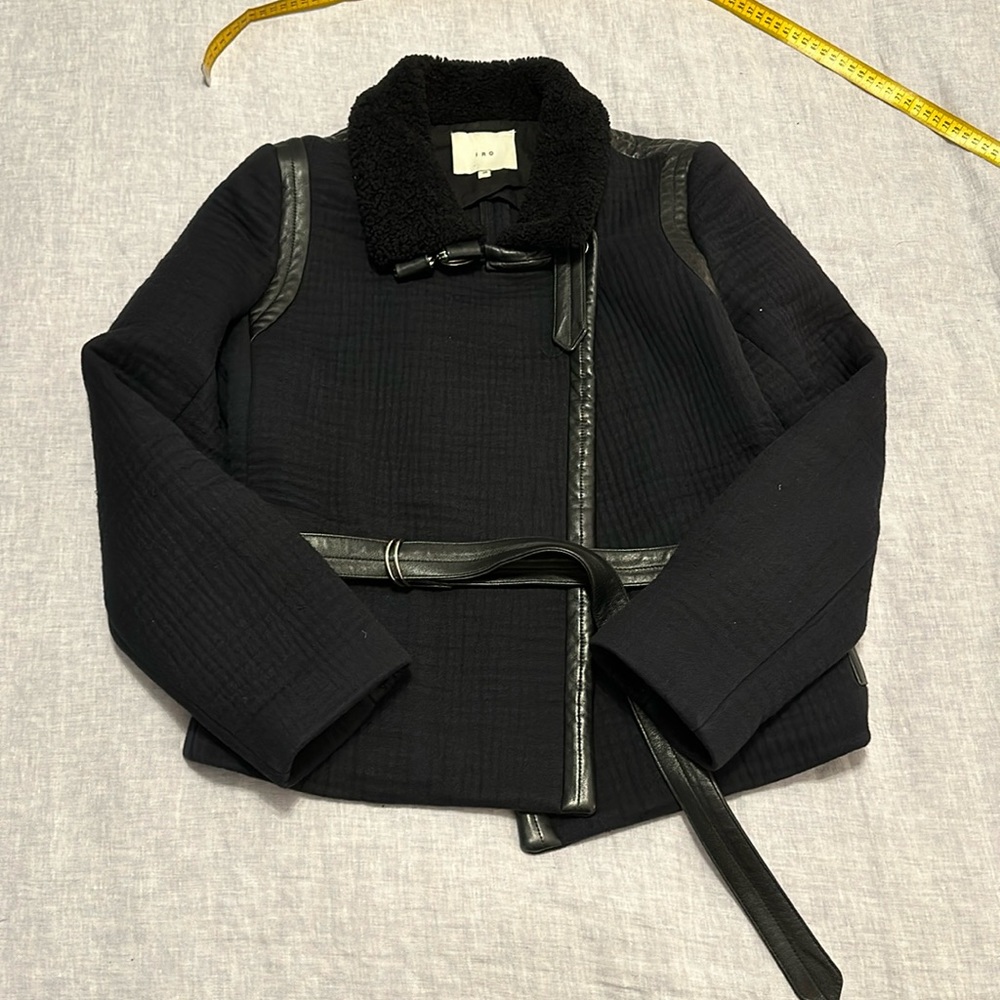 Size 36 IRO Navy Jacket with Shearling Collar and Black Lamb Leather Belt